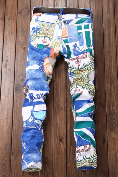 Guys Stylish Street Style Graffiti Stretch Slim Fit Blue Jeans (Pictures for Reference)