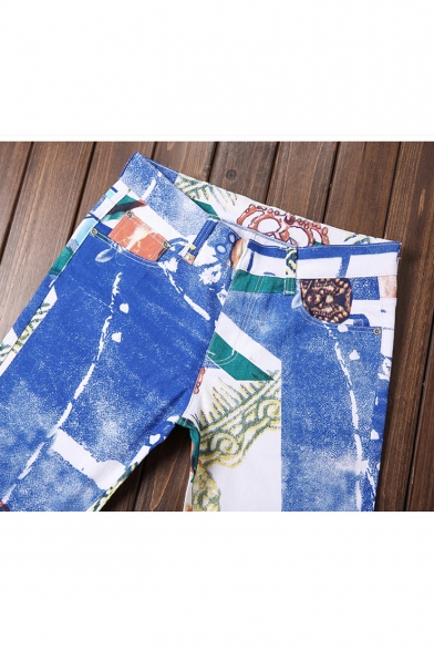Guys Stylish Street Style Graffiti Stretch Slim Fit Blue Jeans (Pictures for Reference)