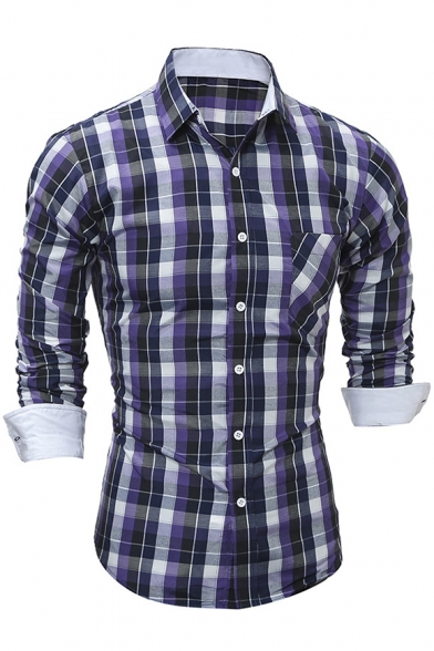 Men's Fashion Colorful Plaid Printed Long Sleeve Fitted Button-Front Shirt