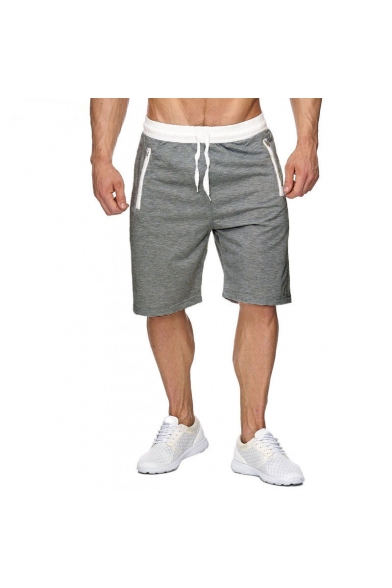 Men's New Stylish Simple Plain Zip-Pocket Drawstring Waist Casual Cotton Beach Sweat Shorts
