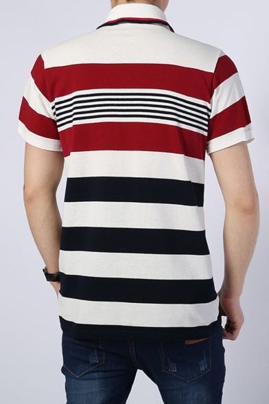 Men's Summer Comfort Cotton Contrast Tipped Collar Short Sleeve Striped Red Casual Polo