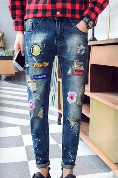 Mens Cool Badge Patched Distressed Dark Blue Straight Ripped Jeans