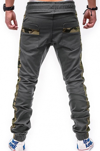 Mens New Fashion Cool Camo Patched Knee Drawstring Waist Elastic Cuff Fitted Pencil Pants