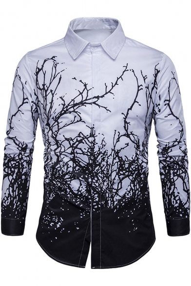 New Creative Tree Pattern Long Sleeve Slim Fit Button Down White Shirt for Men