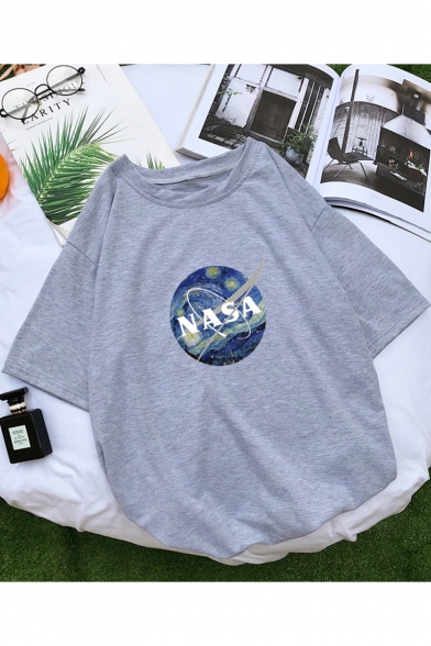 New Stylish Galaxy NASA Logo Print Short Sleeve Cotton T-Shirt