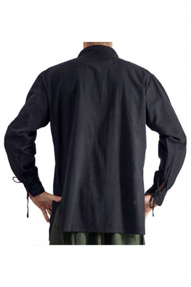 Retro Medieval Bishop Sleeve Lace-Up Collar Split Side Solid Color Casual Loose Shirt for Men
