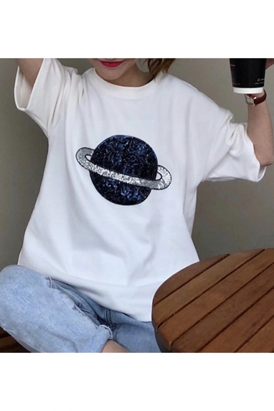 Sequined Galaxy Moon Print Loose Casual Crew Neck Cotton T-Shirt