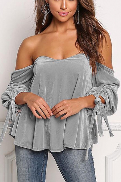 Sexy Plain Off the Shoulder Sweetheart Neck Blouson Long Sleeves Bow Tie Cuffs Loose Blouse