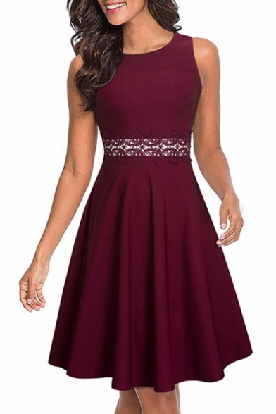 Simple Graceful Round Neck Sleeveless Chic Lace-Trimmed Waist Plain Midi A-Line Dress