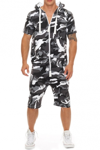 Summer New Trendy Classic Camo Printed Short Sleeve Hooded Zip-Up Casual Rompers for Men