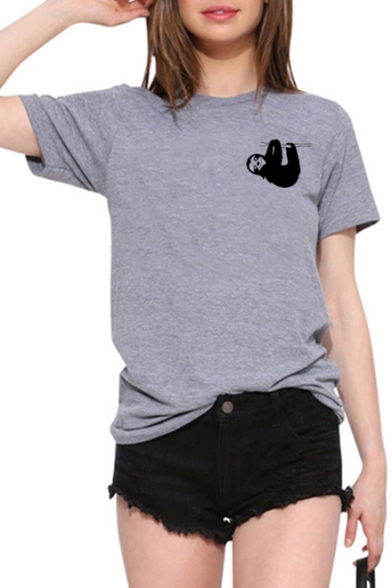ute Cartoon Sloth Printed Basic Short Sleeve Summer Cotton T-Shirt
