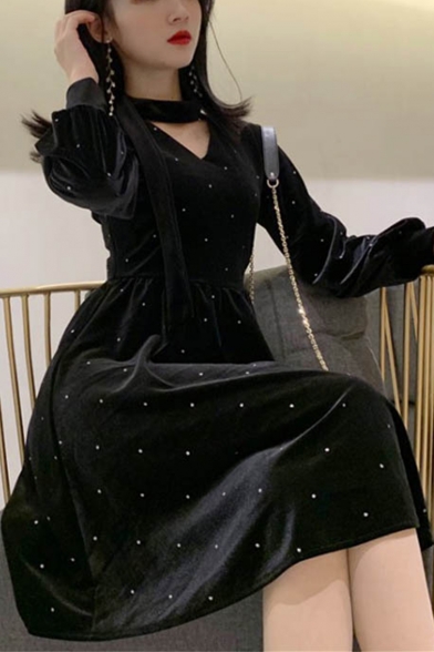 Womens Chic V-Neck Long Sleeve Thick Velvet Midi A-Line Black Dress