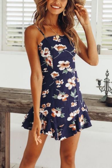 Womens Summer Stylish Floral Printed Cutout Back Ruffled Hem Mini Slip Dress