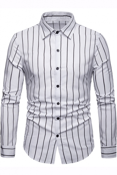 STORTO Mens Fashion Vertical Striped Long Sleeve Regular Fit Dress Shirt Tops 