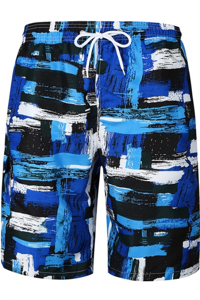 Blue Casual Printed Pocket Loose Relaxed Drawcord Beach Shorts for Men