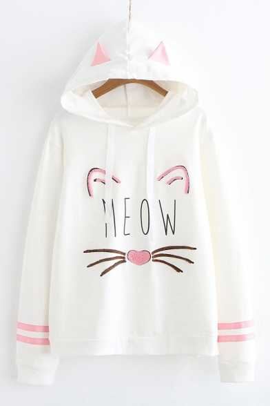 Cartoon Cat Letter MEOW Pattern Loose Casual Long Sleeve Hoodie for Juniors