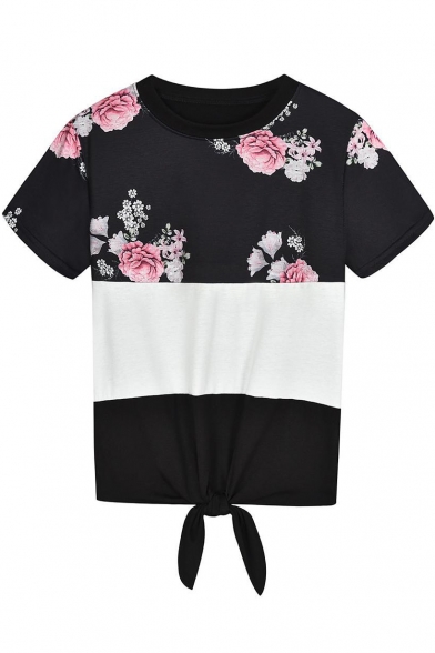 Chic Floral Printed Summer Round Neck Short Sleeve Tied Hem Black T-Shirt