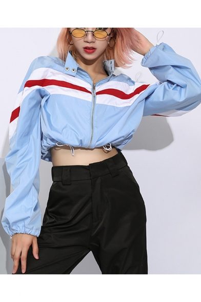 Contrast Striped Stand Up Collar Long Sleeve Elastic Waist Zip Up Cropped Jacket