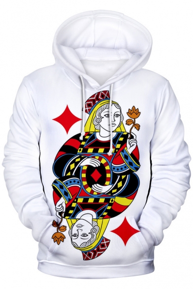 Cool Unique King Queen Poker Card Print Long Sleeve Casual Loose Drawstring Hoodie