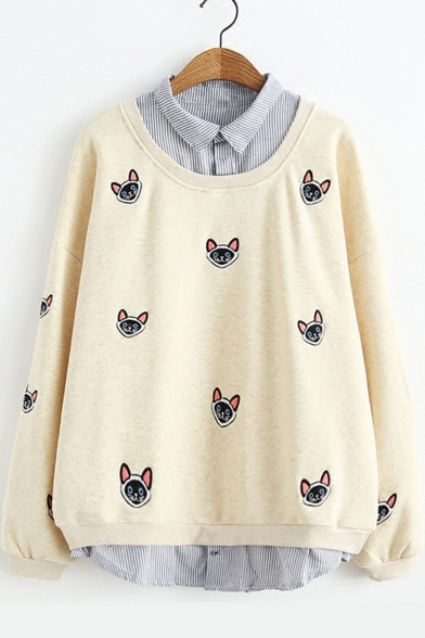 Cute Allover Cartoon Cat Embroidered Patched Lapel Collar Long Sleeve Womens Fake Two-Piece Sweatshirt