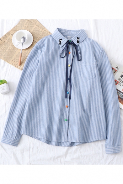 Fashion Bow-Tied Cat Embroidered Collar Long Sleeve Casual Loose Button Down Striped Shirt