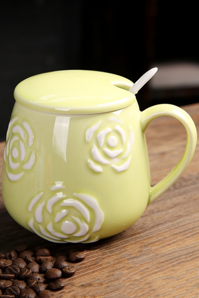 Fashion Rose Carved Cameo Ceramic Mug Cup with Lid Scoop 350ml