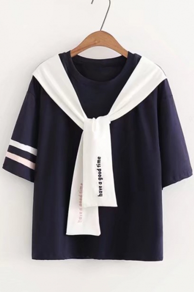 Girls Fashion Letter Tied Front Round Neck Cotton Loose T-Shirt