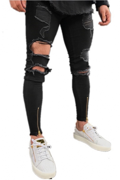 Guys New Stylish Zip Cuff Torn Skinny Fit Black Ripped Jeans