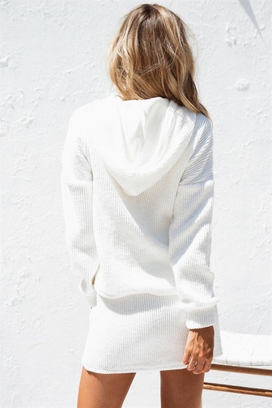 Hot Fashion White Drawstring Hoodie Mini Skirt Simple Plain Two-Piece Set