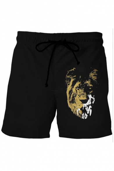 Lion Pattern Drawstring-Waist Dry-Fit Sport Casual Black Relaxed Active Shorts