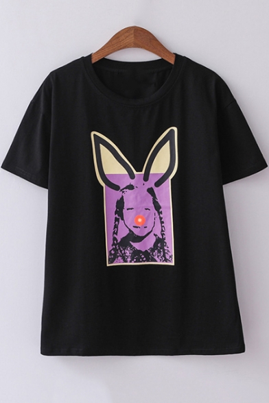 Lovely Rabbit Ear Girl Print Short Sleeve Loose Fit T-Shirt