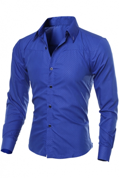 Men's Basic Simple Plain Fashion Dark Lattice Long Sleeve Slim Fit Shirt