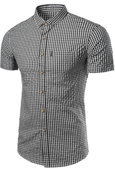 Men's New Stylish Plaid Printed Short Sleeve Fitted Button-Down Shirt