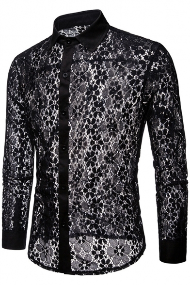 Men's Trendy Night Club Fashion Sexy See-Through Lace Slim Fitted Silk Party Shirt