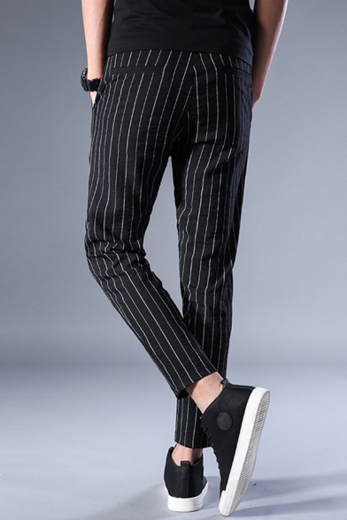 Mens British Style Drawstring Waist Vertical Stripe Print Fitted Black Suit Pants Dress Pants