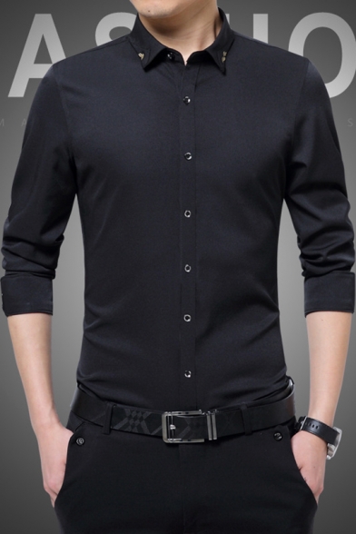 Mens Fashion Simple Plain Chic Leaf Embroidered Collar Anti-Crease Wash and Wear Long Sleeve Slim Button-Up Dress Shirt
