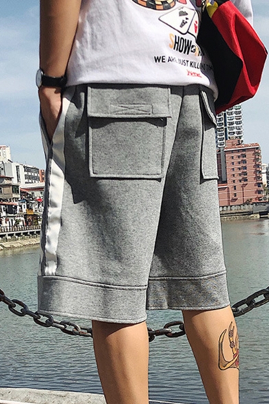 Mens Fashion Web Stripe Side Drawstring-Waist Flap-Pocket Back Grey Cotton Athletic Sweat Shorts