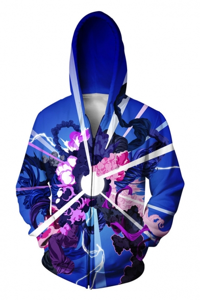 New Stylish Cool 3D Printed Relaxed Fit Zip Up Long Sleeve Blue Hoodie