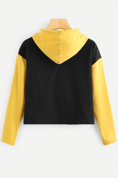 Simple Letter Chest Stylish Colorblock Long Sleeve Casual Cropped Black Hoodie