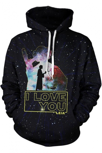 Star Wars 3D Galaxy Letter I LOVE YOU Printed Casual Sport Black Drawstring Hoodie