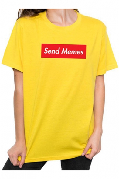 Street Letter SEND MEMES Printed Basic Round Neck Short Sleeve Yellow T-Shirt