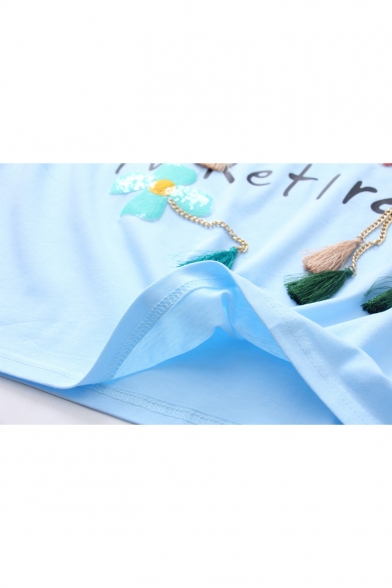 Summer Cute Letter Floral Embroidered Tassel Embellished Short Sleeve Casual T-Shirt