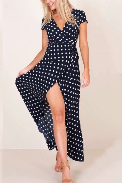 Summer Fashion Classic Polka Dot Printed V-Neck Short Sleeve Tied Waist Split Front Maxi A-Line Dress