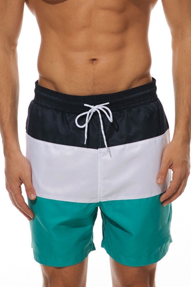 Summer New Stylish Colorblock Drawstring Waist Breathable Beach Holiday Swim Shorts for Men