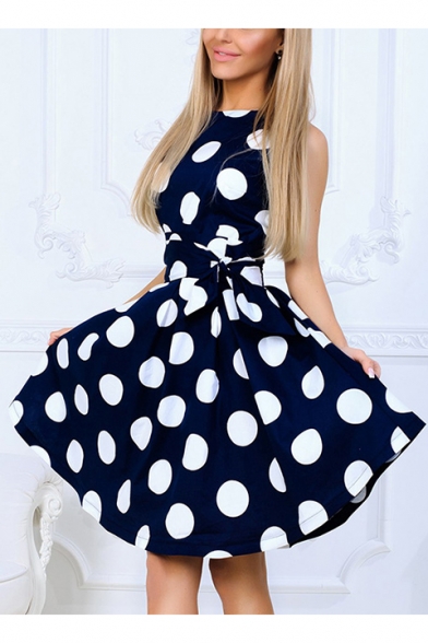 Summer Trendy Polka Dot Printed Round Neck Sleeveless Tied Waist Midi A-Line Dress