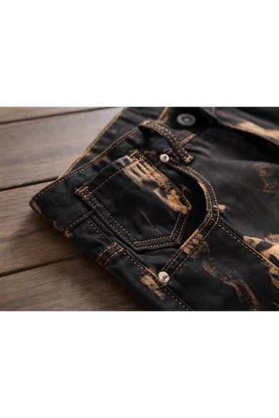 Vintage Distressed Washed Men's Fashion Regular Fit Black Jeans
