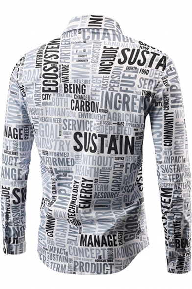 Vintage Newspaper Letter Pattern Mens Long Sleeve Fitted Button-Up Shirt in White