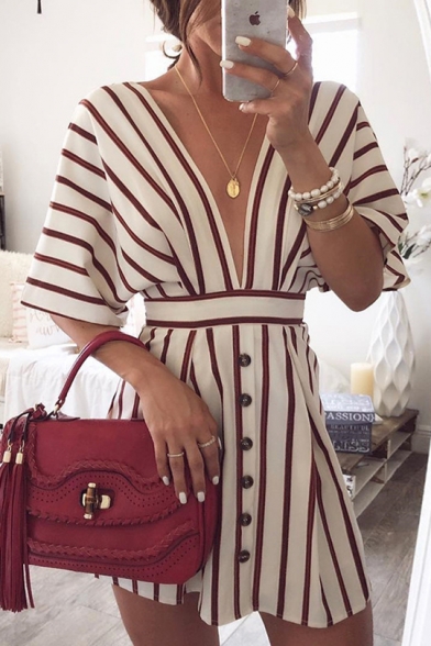Women's Summer Sexy Plunge V Neck Button Front Classic Striped Printed Mini A-Line White Dress