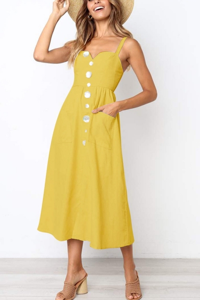 Womens Fashion Simple Plain Button Down Midi A-Line Cami Dress with Pocket