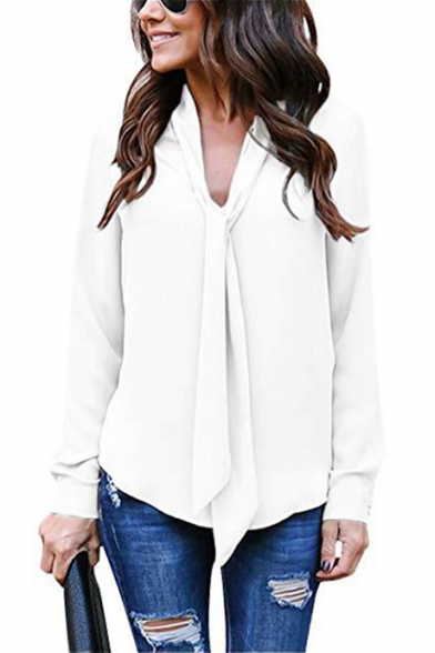 

Womens Graceful Simple Plain V-Neck Long Sleeve Casual Loose Chiffon Blouse, Blue;burgundy;white;apricot;gray, LC507292